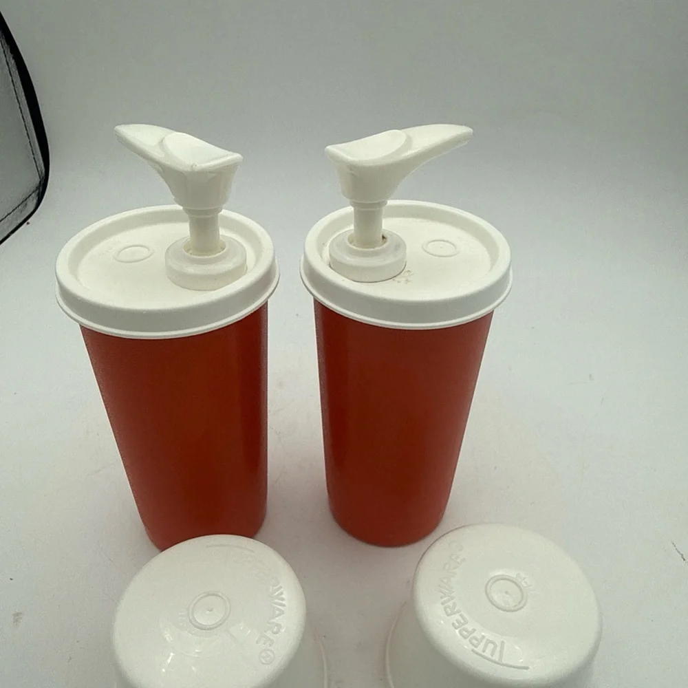 VTG 70’s Tupperware Catsup & Mustard Orange Containers W/ Pump And Lids